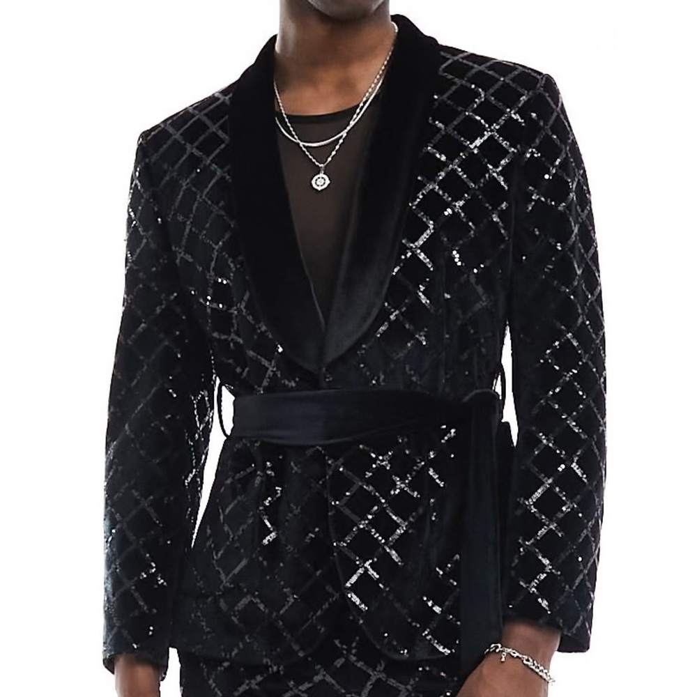 asos design skinny sequin jacket diamond velvet in black